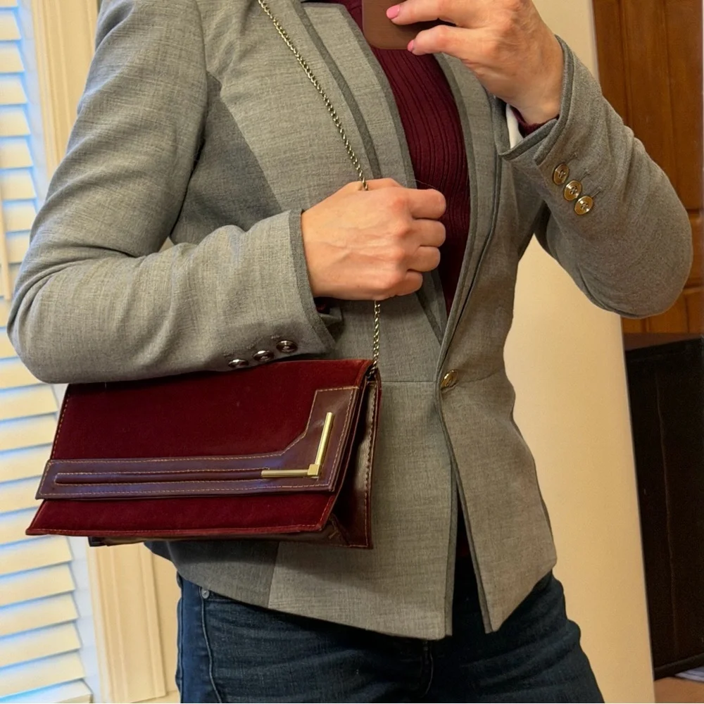 Vintage 1970s Archival Burgundy Velvet and Leather-Look‎ Geometric Clutch